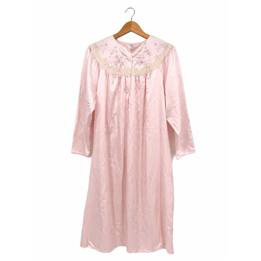 Eve Stillman Vintage Pink Satin Embroidered Long Sleeve Nightgown Dress Small